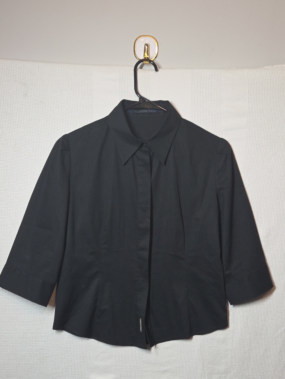 Valentino Jeans Shirt Womens 42 Black 3/4 Sleeve Hidden Placket Tailored Stretch